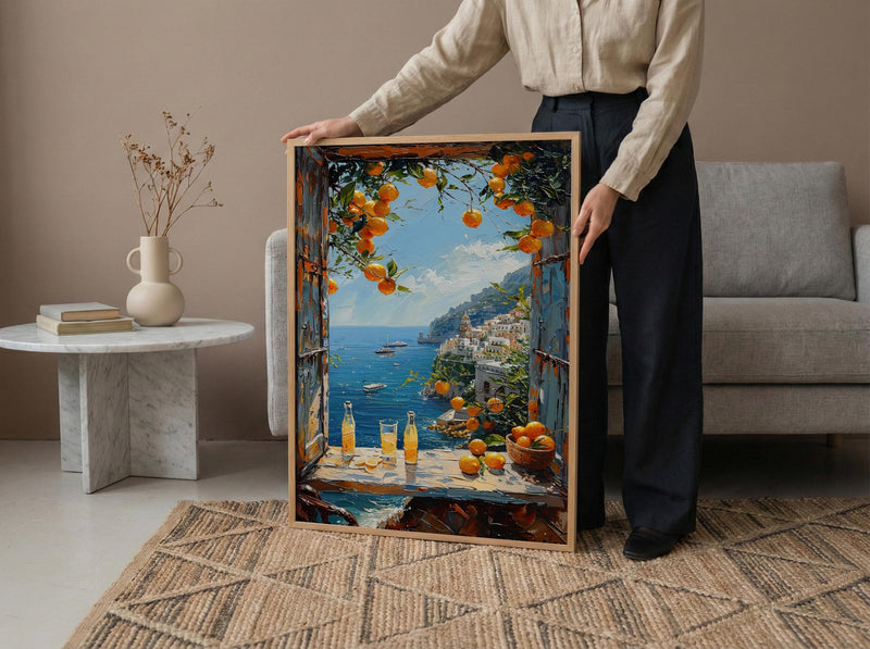 Amalfi Coast Poster, Italy Window Art Print, Limoncello Ocean Wall Art, Lemon Tree Painting, Sunny Coastal Decor