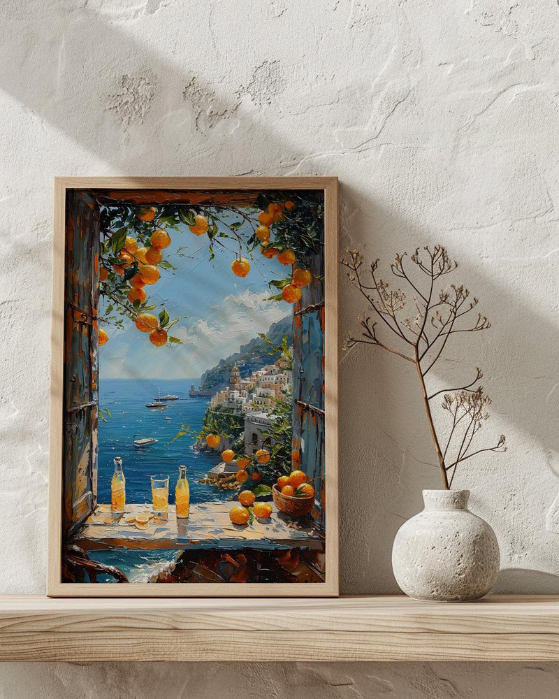 Amalfi Coast Poster, Italy Window Art Print, Limoncello Ocean Wall Art, Lemon Tree Painting, Sunny Coastal Decor