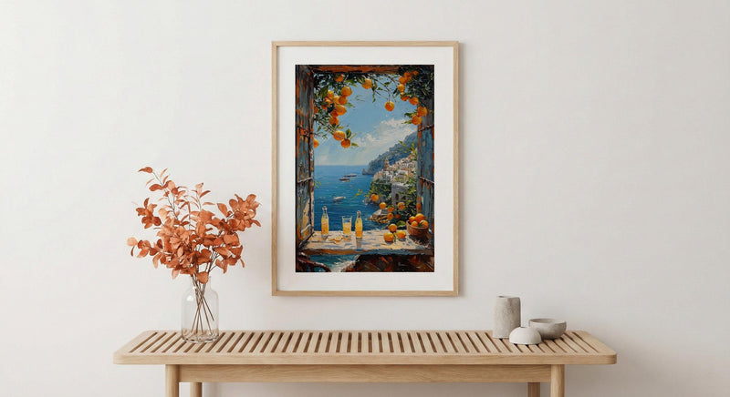 Amalfi Coast Poster, Italy Window Art Print, Limoncello Ocean Wall Art, Lemon Tree Painting, Sunny Coastal Decor