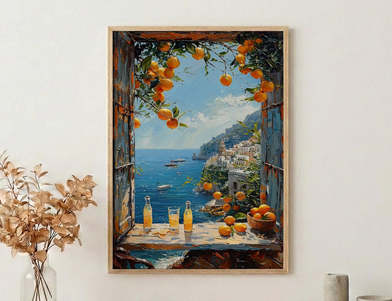 Amalfi Coast Poster, Italy Window Art Print, Limoncello Ocean Wall Art, Lemon Tree Painting, Sunny Coastal Decor