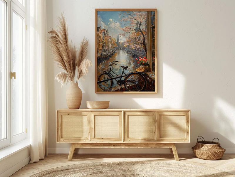 Amsterdam Wall Art, Netherlands Canal Art Print, Tulip Window Poster, Bicycle Cityscape Painting, Cozy Spring Decor