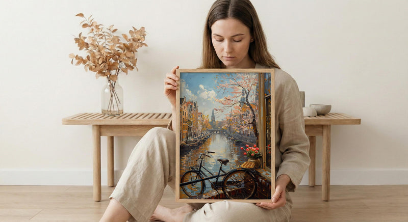 Amsterdam Wall Art, Netherlands Canal Art Print, Tulip Window Poster, Bicycle Cityscape Painting, Cozy Spring Decor