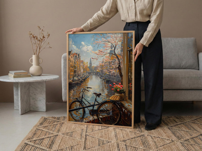 Amsterdam Wall Art, Netherlands Canal Art Print, Tulip Window Poster, Bicycle Cityscape Painting, Cozy Spring Decor