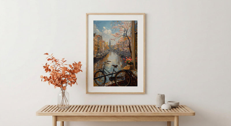 Amsterdam Wall Art, Netherlands Canal Art Print, Tulip Window Poster, Bicycle Cityscape Painting, Cozy Spring Decor