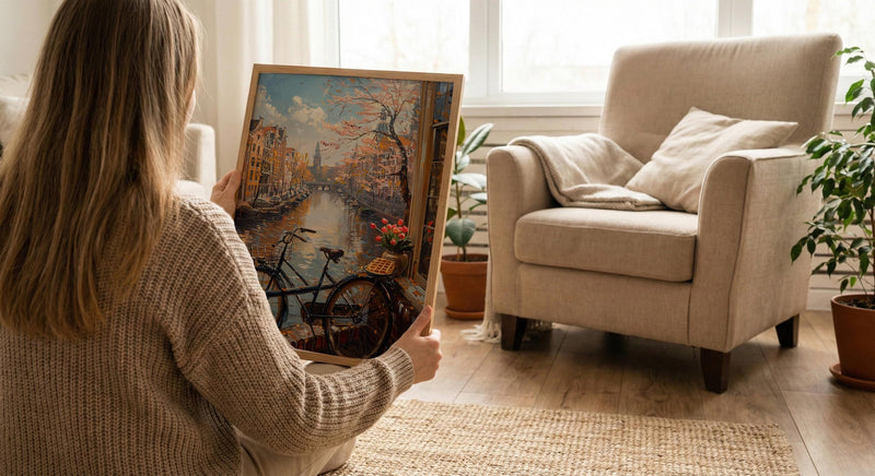 Amsterdam Wall Art, Netherlands Canal Art Print, Tulip Window Poster, Bicycle Cityscape Painting, Cozy Spring Decor