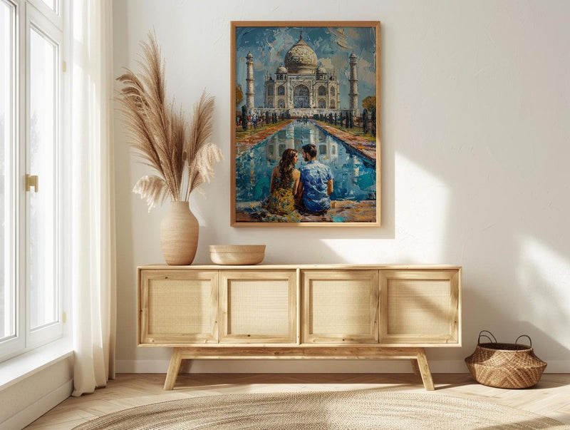 India Wall Art, Taj Mahal Art Print, Romantic Couple Poster, Agra Architecture Painting, Asian Travel Decor