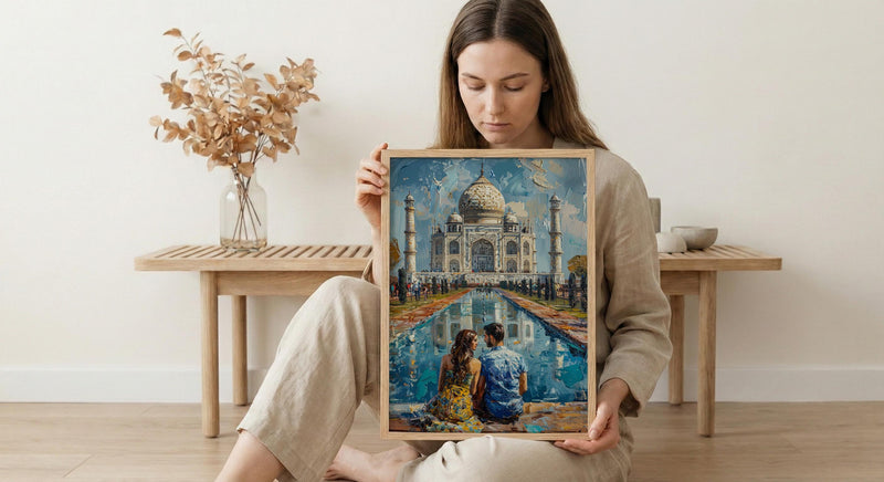 India Wall Art, Taj Mahal Art Print, Romantic Couple Poster, Agra Architecture Painting, Asian Travel Decor