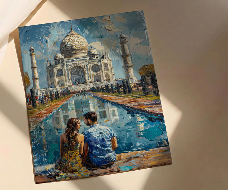 India Wall Art, Taj Mahal Art Print, Romantic Couple Poster, Agra Architecture Painting, Asian Travel Decor