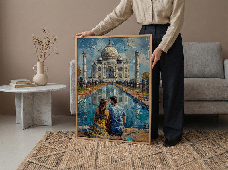 India Wall Art, Taj Mahal Art Print, Romantic Couple Poster, Agra Architecture Painting, Asian Travel Decor