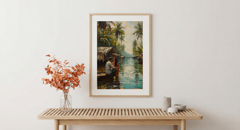 Kerala Art Print, India Backwaters Poster, Houseboat Wall Art, Tropical Palm Painting, South Indian Decor