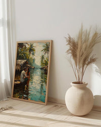 Kerala Art Print, India Backwaters Poster, Houseboat Wall Art, Tropical Palm Painting, South Indian Decor