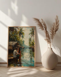 Kerala Art Print, India Backwaters Poster, Houseboat Wall Art, Tropical Palm Painting, South Indian Decor