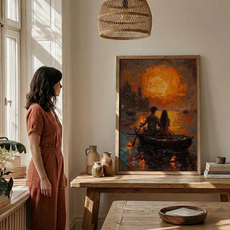 Varanasi Wall Art, Ganges River Art Print, Spiritual Sunset Poster, Boat Candle Painting, Hindu Culture Decor