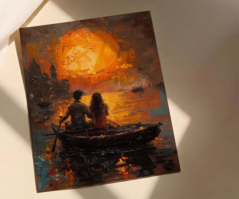 Varanasi Wall Art, Ganges River Art Print, Spiritual Sunset Poster, Boat Candle Painting, Hindu Culture Decor