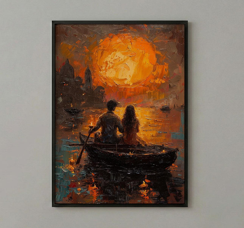 Varanasi Wall Art, Ganges River Art Print, Spiritual Sunset Poster, Boat Candle Painting, Hindu Culture Decor