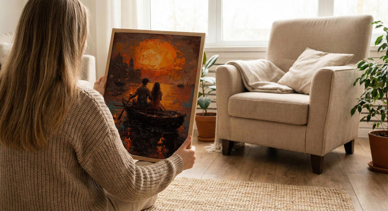 Varanasi Wall Art, Ganges River Art Print, Spiritual Sunset Poster, Boat Candle Painting, Hindu Culture Decor