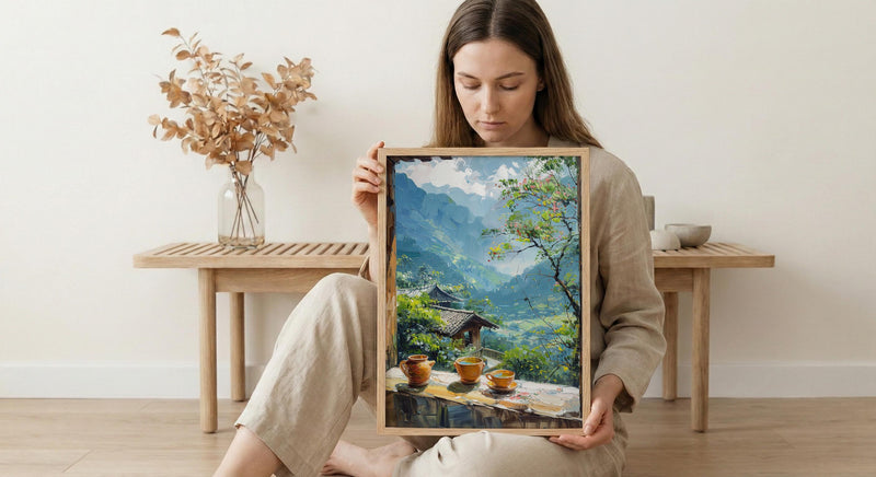 Darjeeling Art Print, Tea Garden Poster, Misty Mountain Wall Art, Masala Chai Painting, India Window Decor