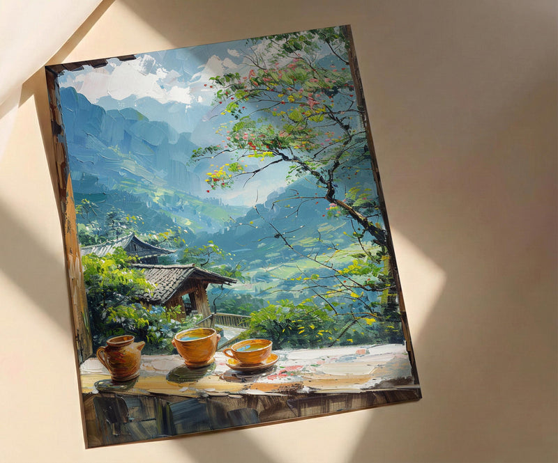 Darjeeling Art Print, Tea Garden Poster, Misty Mountain Wall Art, Masala Chai Painting, India Window Decor