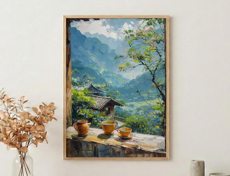 Darjeeling Art Print, Tea Garden Poster, Misty Mountain Wall Art, Masala Chai Painting, India Window Decor