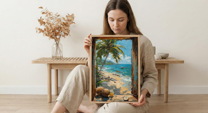 Goa Beach Poster, India Tropical Art Print, Bamboo Window Wall Art, Coconut Tree Painting, Summer Decor