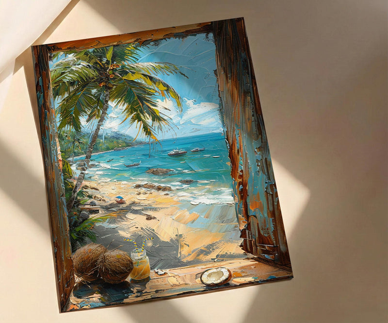 Goa Beach Poster, India Tropical Art Print, Bamboo Window Wall Art, Coconut Tree Painting, Summer Decor