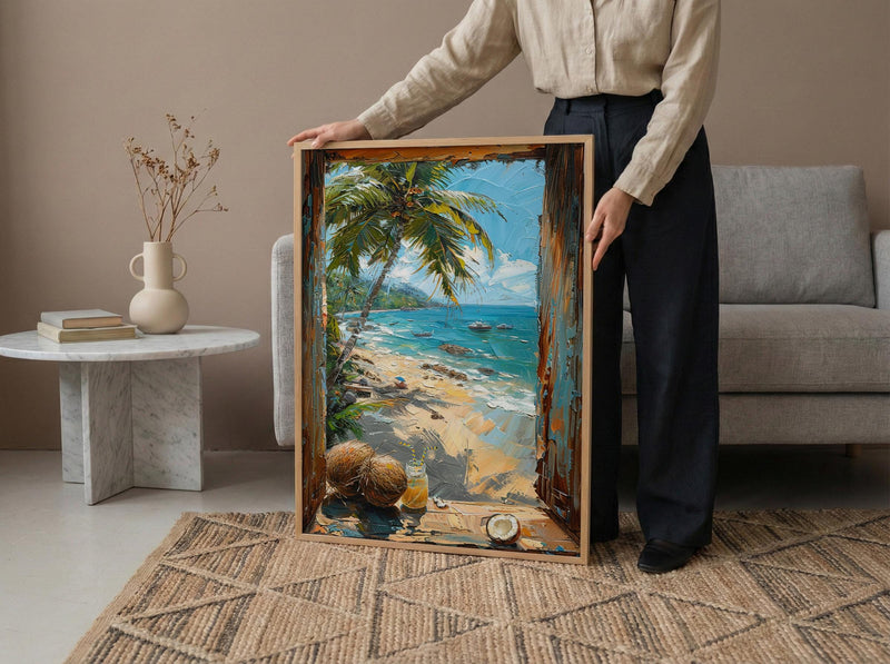 Goa Beach Poster, India Tropical Art Print, Bamboo Window Wall Art, Coconut Tree Painting, Summer Decor