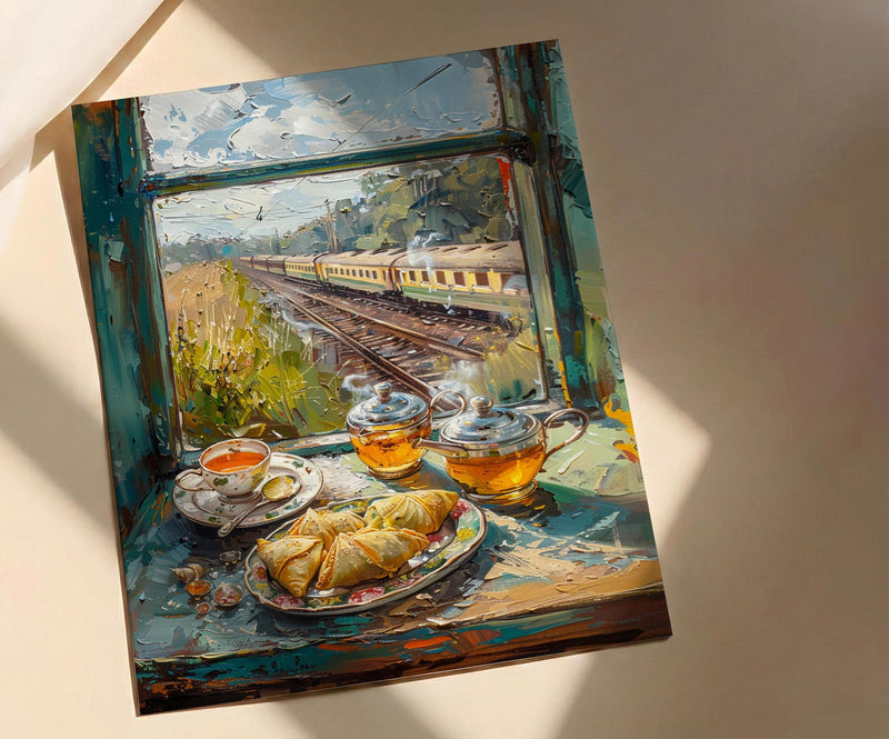 India Train Poster, Countryside Art Print, Travel Window Wall Art, Samosa Tea Painting, Cozy Asian Decor
