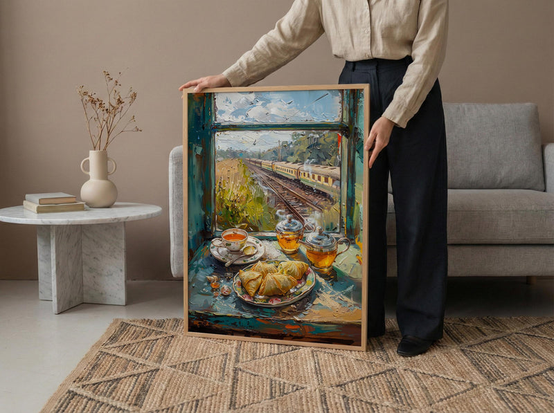 India Train Poster, Countryside Art Print, Travel Window Wall Art, Samosa Tea Painting, Cozy Asian Decor