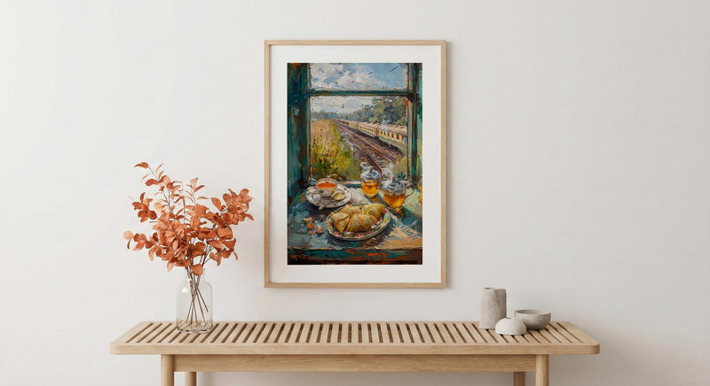 India Train Poster, Countryside Art Print, Travel Window Wall Art, Samosa Tea Painting, Cozy Asian Decor