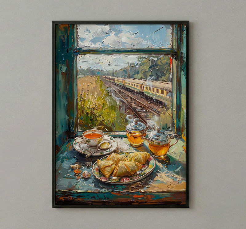 India Train Poster, Countryside Art Print, Travel Window Wall Art, Samosa Tea Painting, Cozy Asian Decor