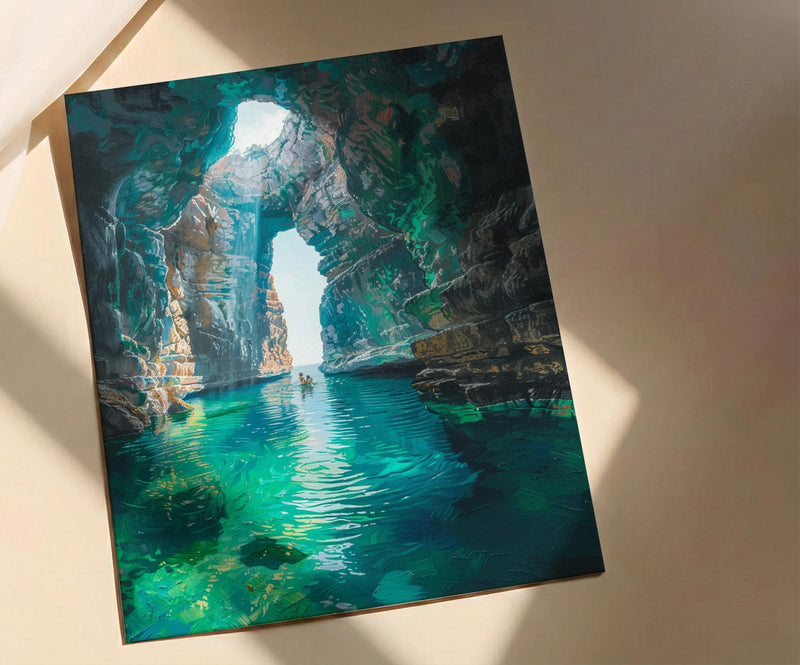Mexico Wall Art, Cenote Cave Art Print, Magical Swimming Poster, Turquoise Water Painting, Boho Travel Decor
