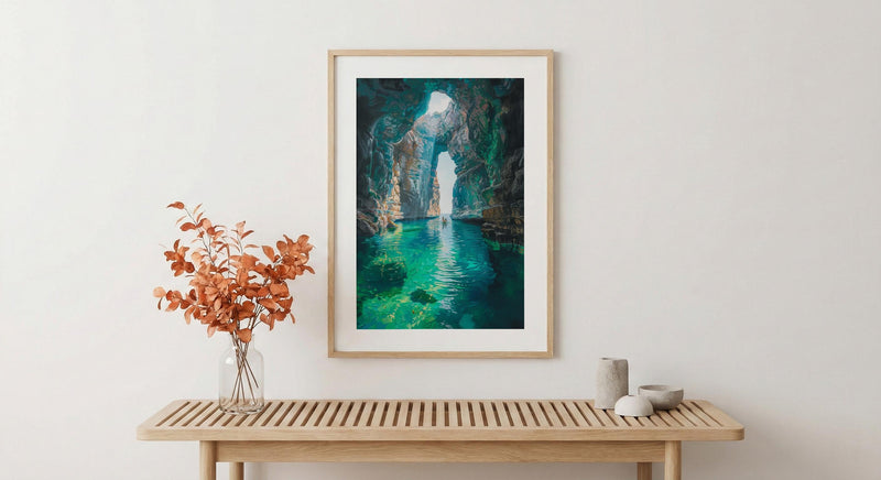 Mexico Wall Art, Cenote Cave Art Print, Magical Swimming Poster, Turquoise Water Painting, Boho Travel Decor