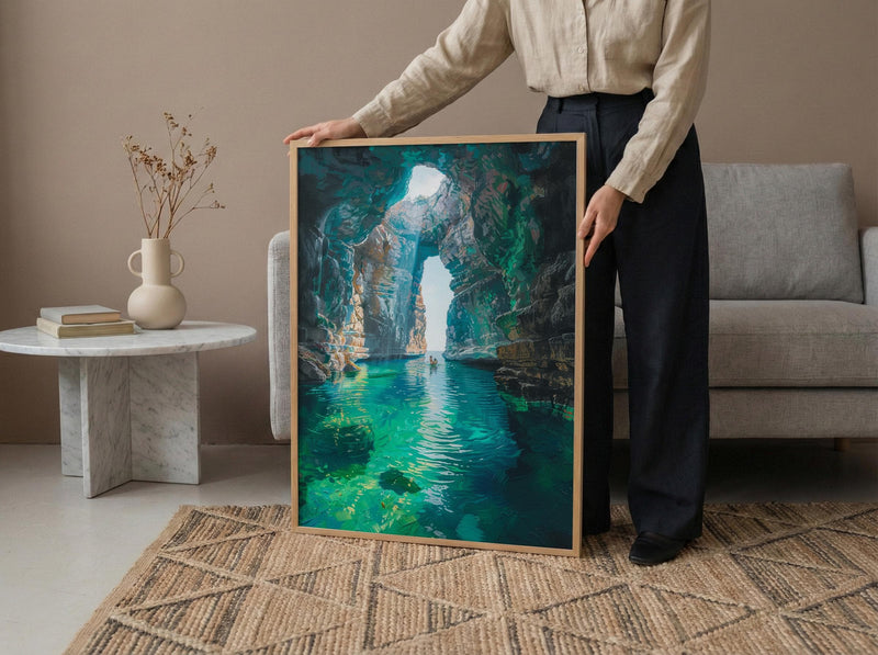 Mexico Wall Art, Cenote Cave Art Print, Magical Swimming Poster, Turquoise Water Painting, Boho Travel Decor