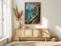 Havana Balcony Poster, Cuba Window Art Print, Mojito Summer Wall Art, Ocean View Painting, Colorful Coastal Decor