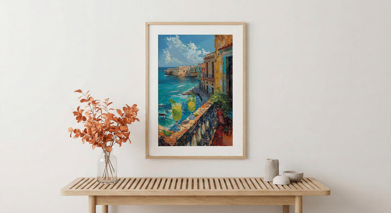 Havana Balcony Poster, Cuba Window Art Print, Mojito Summer Wall Art, Ocean View Painting, Colorful Coastal Decor