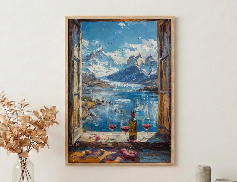 Patagonia Wall Art, Glacier Mountain Art Print, Cold Winter Window Poster, Red Wine Decor, Cozy Nature Painting