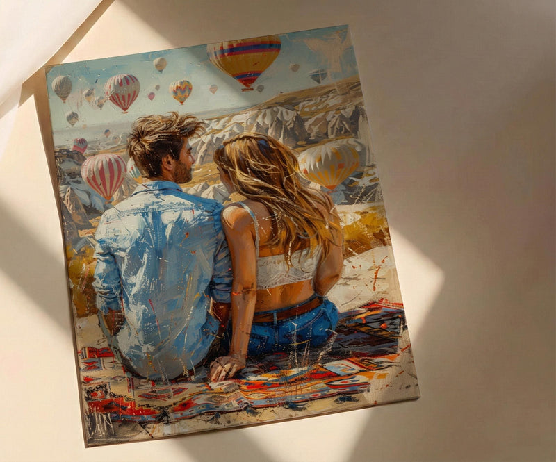 Cappadocia Wall Art, Turkey Balloon Art Print, Sunrise Landscape Poster, Romantic Couple Painting, Boho Travel Decor