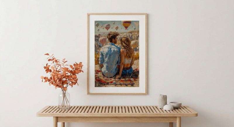 Cappadocia Wall Art, Turkey Balloon Art Print, Sunrise Landscape Poster, Romantic Couple Painting, Boho Travel Decor