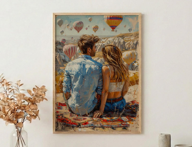 Cappadocia Wall Art, Turkey Balloon Art Print, Sunrise Landscape Poster, Romantic Couple Painting, Boho Travel Decor