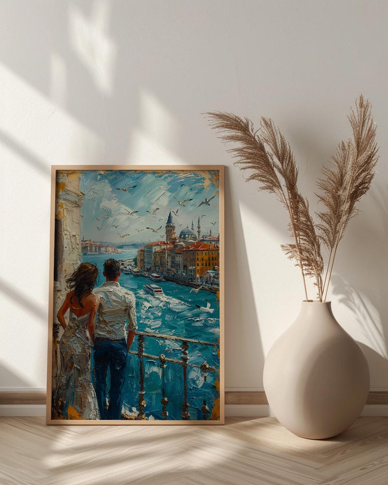 Istanbul Poster, Turkey Travel Art Print, Galata Tower Wall Art, Bosphorus Ferry Painting, Cityscape Decor
