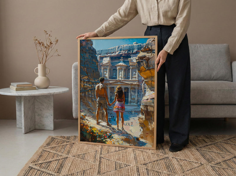 Petra Art Print, Jordan Treasury Poster, Ancient City Wall Art, Dramatic Light Painting, Middle Eastern Boho Decor