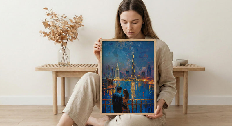 Dubai Wall Art, Burj Khalifa Art Print, Night Skyline Poster, Luxury Cityscape Painting, Modern UAE Decor