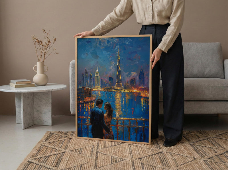 Dubai Wall Art, Burj Khalifa Art Print, Night Skyline Poster, Luxury Cityscape Painting, Modern UAE Decor