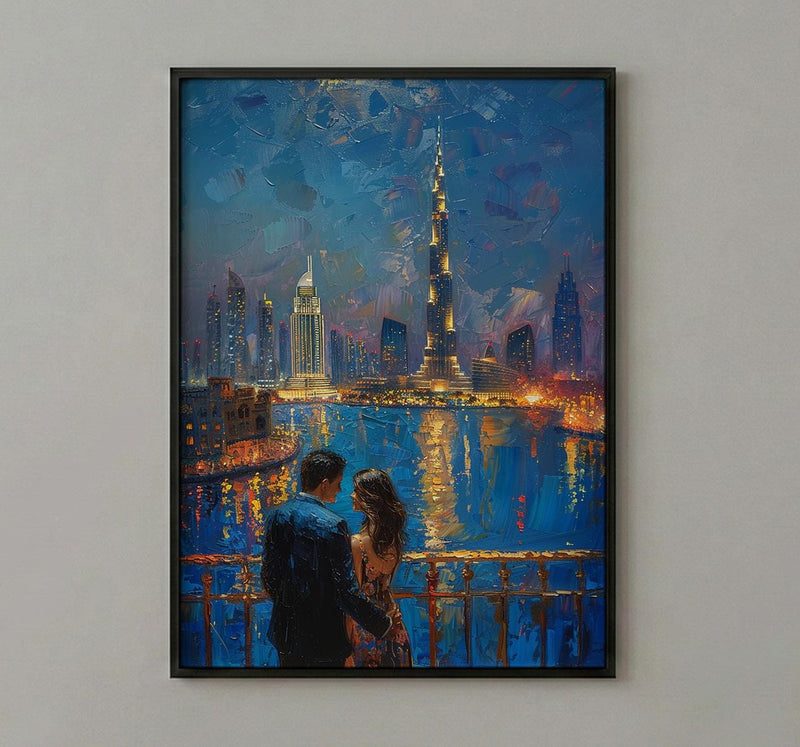 Dubai Wall Art, Burj Khalifa Art Print, Night Skyline Poster, Luxury Cityscape Painting, Modern UAE Decor