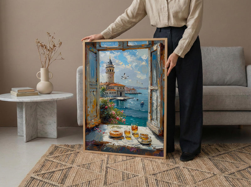Istanbul Art Print, Maidens Tower Poster, Bosphorus Window Wall Art, Turkish Tea Simit Decor, Seaside Painting