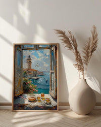Istanbul Art Print, Maidens Tower Poster, Bosphorus Window Wall Art, Turkish Tea Simit Decor, Seaside Painting
