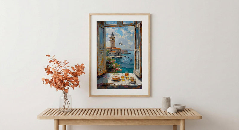 Istanbul Art Print, Maidens Tower Poster, Bosphorus Window Wall Art, Turkish Tea Simit Decor, Seaside Painting