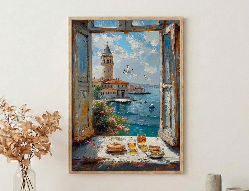 Istanbul Art Print, Maidens Tower Poster, Bosphorus Window Wall Art, Turkish Tea Simit Decor, Seaside Painting