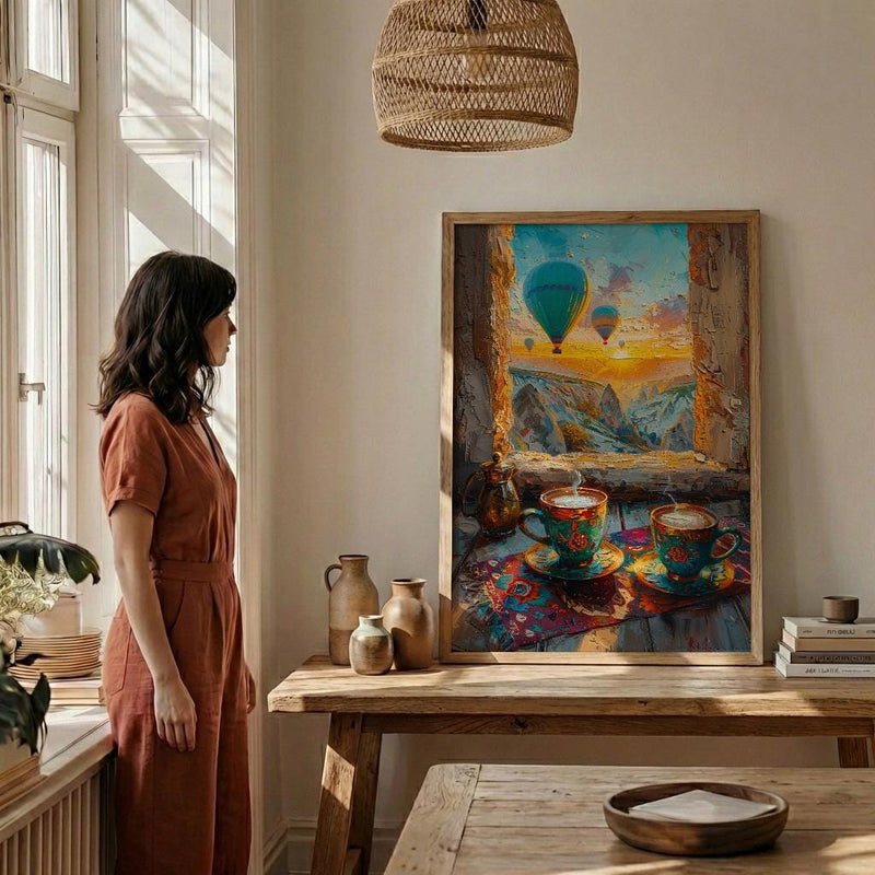 Cappadocia Wall Art, Cave Window Art Print, Hot Air Balloon Poster, Turkish Coffee Decor, Authentic Boho Painting