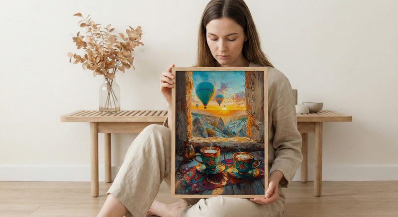 Cappadocia Wall Art, Cave Window Art Print, Hot Air Balloon Poster, Turkish Coffee Decor, Authentic Boho Painting